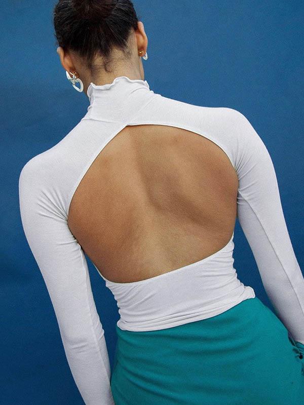 Solid Wrap High-Neck Backless Shirt