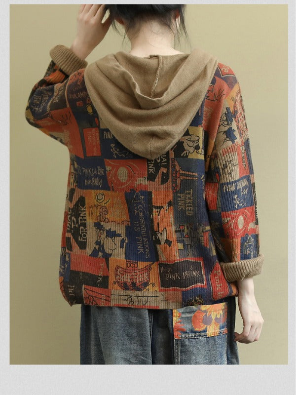 LITERARY RETRO PRINTED KNIT HOODIE SWEATER