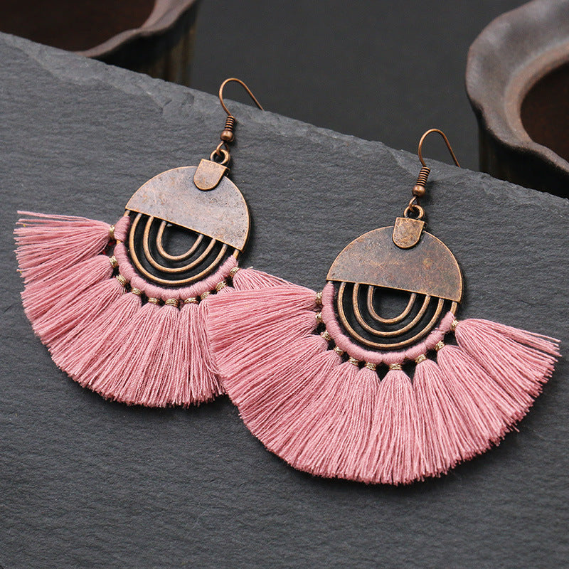 Fashionable hollow-out fan-shaped Bohemian tassel earrings