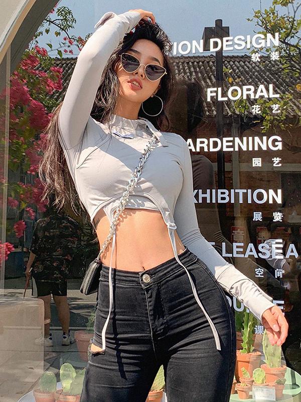 Solid Navel Exposed False Two Tight-Fitting Tops ACTIVE WEAR