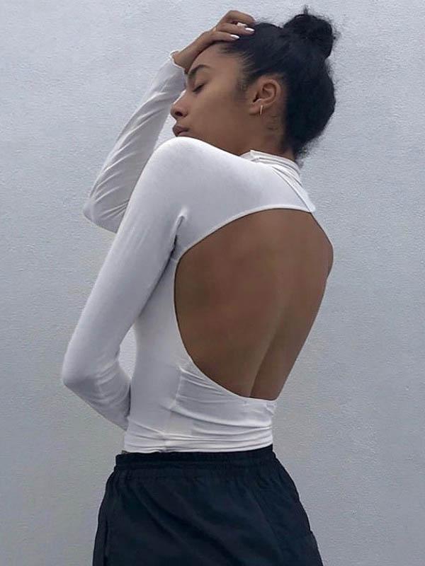 Solid Wrap High-Neck Backless Shirt