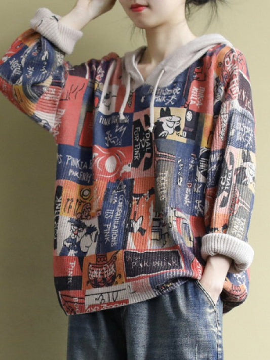 LITERARY RETRO PRINTED KNIT HOODIE SWEATER