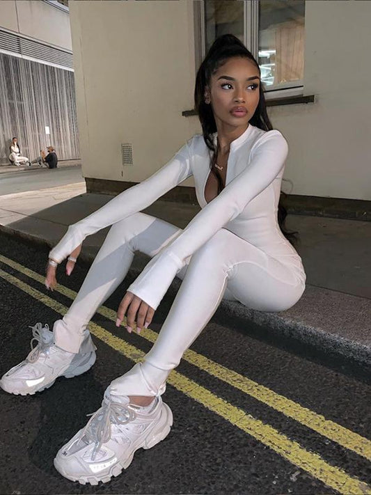 Solid High Waist Zipper Sports Yoga&Gym Jumpsuits ACTIVE WEAR