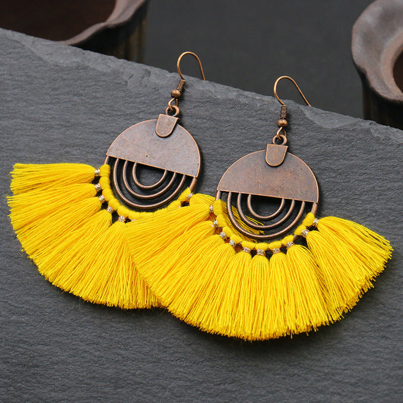 Fashionable hollow-out fan-shaped Bohemian tassel earrings