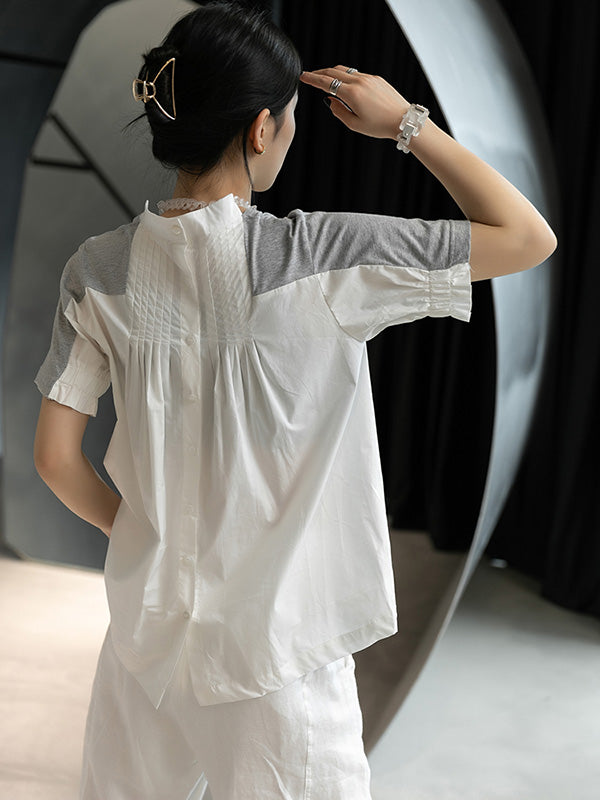 Original Split-Joint Round-Neck High-Low Buttoned T-Shirt