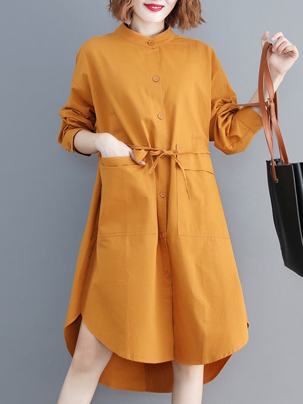 LOOSE DRAWSTRING LARGE POCKET SHIRT DRESS