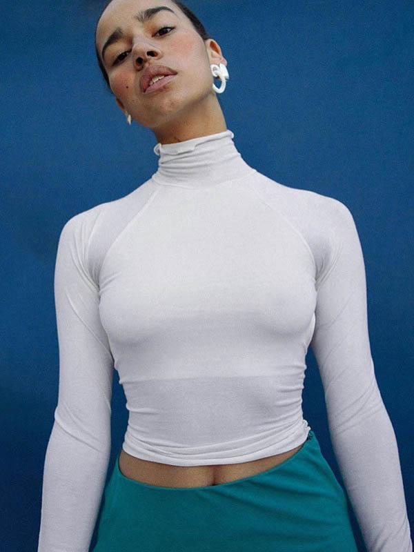 Solid Wrap High-Neck Backless Shirt