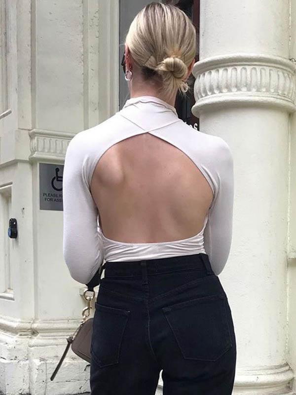 Solid Wrap High-Neck Backless Shirt