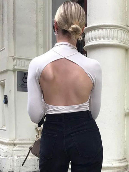 Solid Wrap High-Neck Backless Shirt