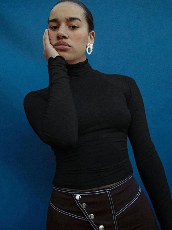 Solid Wrap High-Neck Backless Shirt