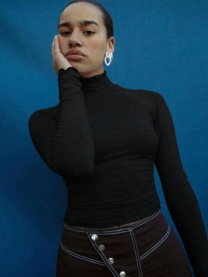 Solid Wrap High-Neck Backless Shirt