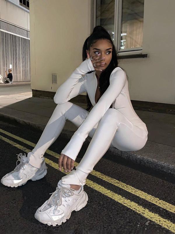 Solid High Waist Zipper Sports Yoga&Gym Jumpsuits ACTIVE WEAR