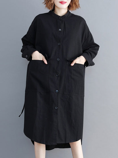 LOOSE DRAWSTRING LARGE POCKET SHIRT DRESS