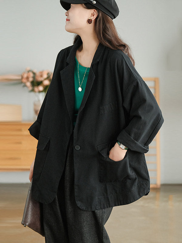 Simple Solid Color Notched Collar Batwing Sleeve Outerwear