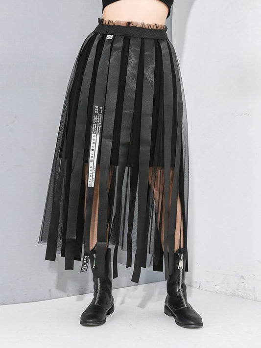BLACK RIBBON CROPPED MESH SPLICING SKIRT