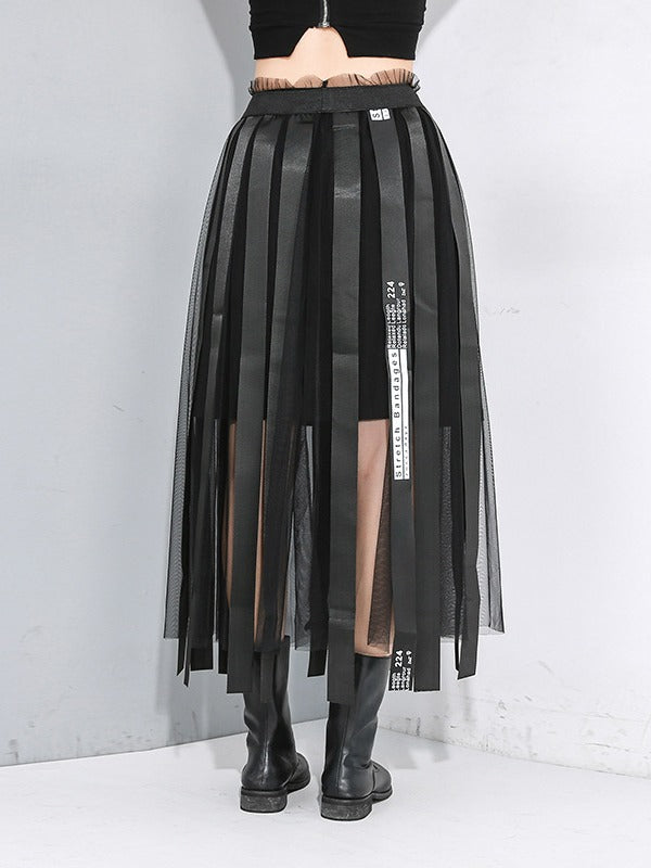 BLACK RIBBON CROPPED MESH SPLICING SKIRT