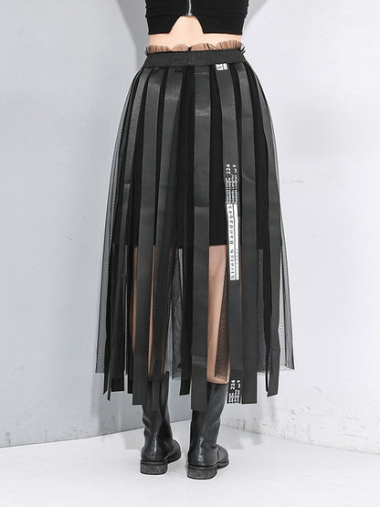 BLACK RIBBON CROPPED MESH SPLICING SKIRT