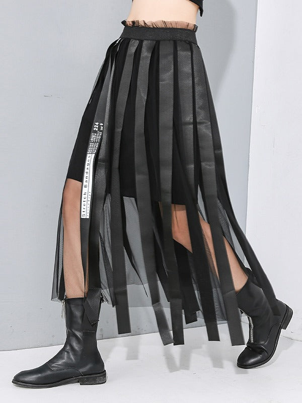 BLACK RIBBON CROPPED MESH SPLICING SKIRT