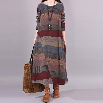Buykud Wavy Colorful Stripes Retro Elegant Loose Dress