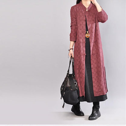 Casual Stand Collar Single Breasted Lattice Wine Red Coat