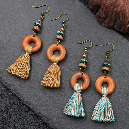 Long tassel earrings Creative wooden earrings