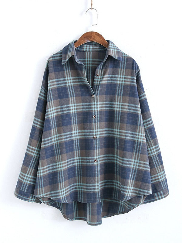 Loose Casual Plaid Cropped Lapel Shirt