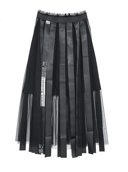 BLACK RIBBON CROPPED MESH SPLICING SKIRT