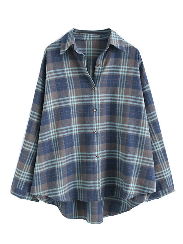 Loose Casual Plaid Cropped Lapel Shirt
