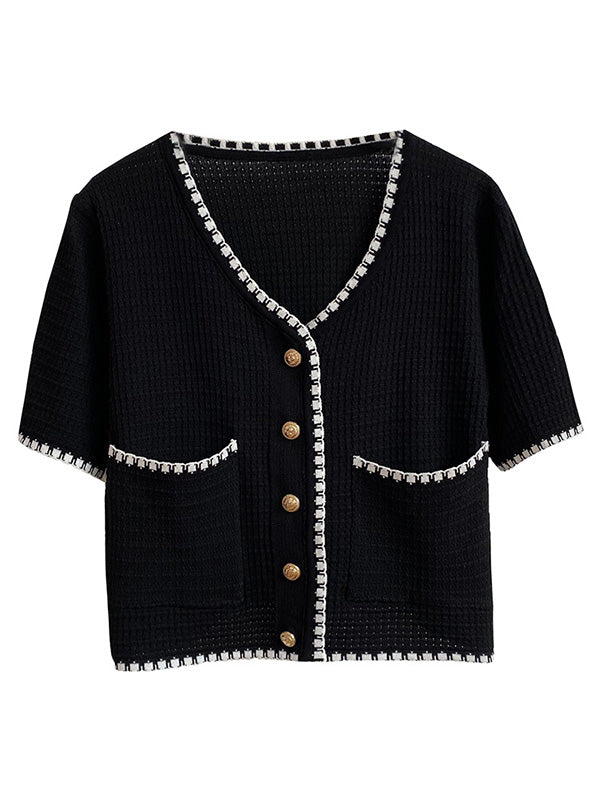 Casual Black&White V-Neck Short Sleeves Knitwear Cardigan