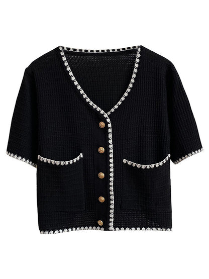 Casual Black&White V-Neck Short Sleeves Knitwear Cardigan