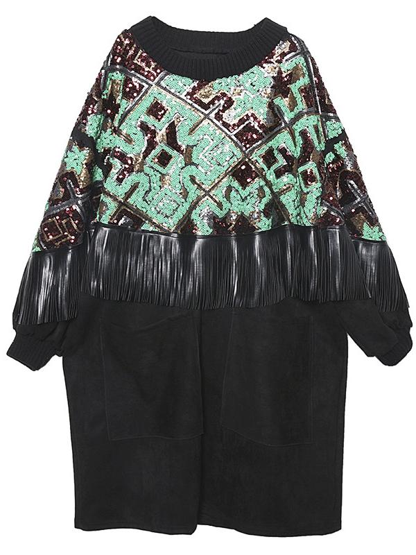 Loose Spliced Tasseled Sequined A-Line Dress