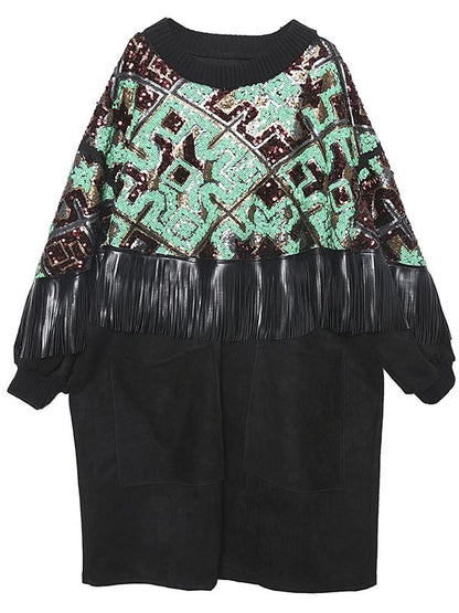 Loose Spliced Tasseled Sequined A-Line Dress