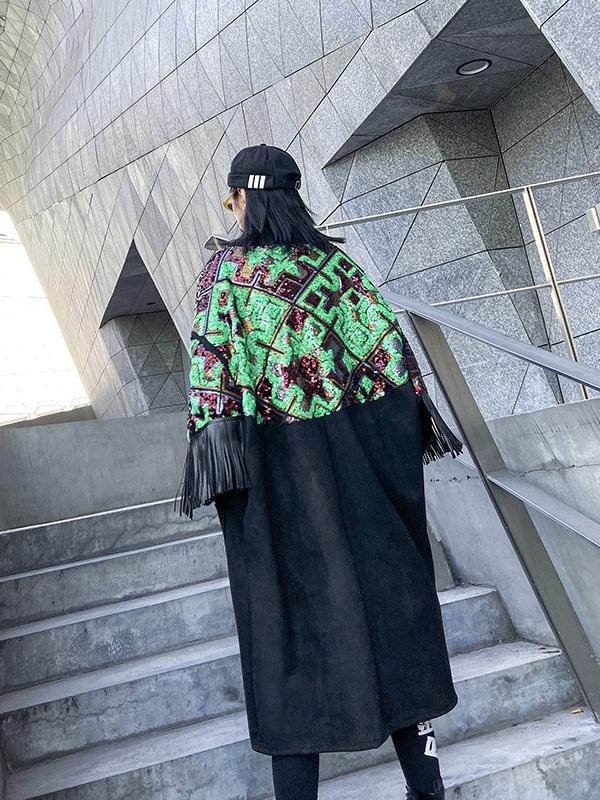 Loose Spliced Tasseled Sequined A-Line Dress