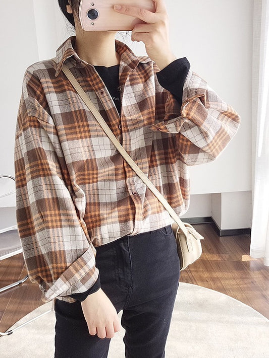 Loose Casual Plaid Cropped Lapel Shirt