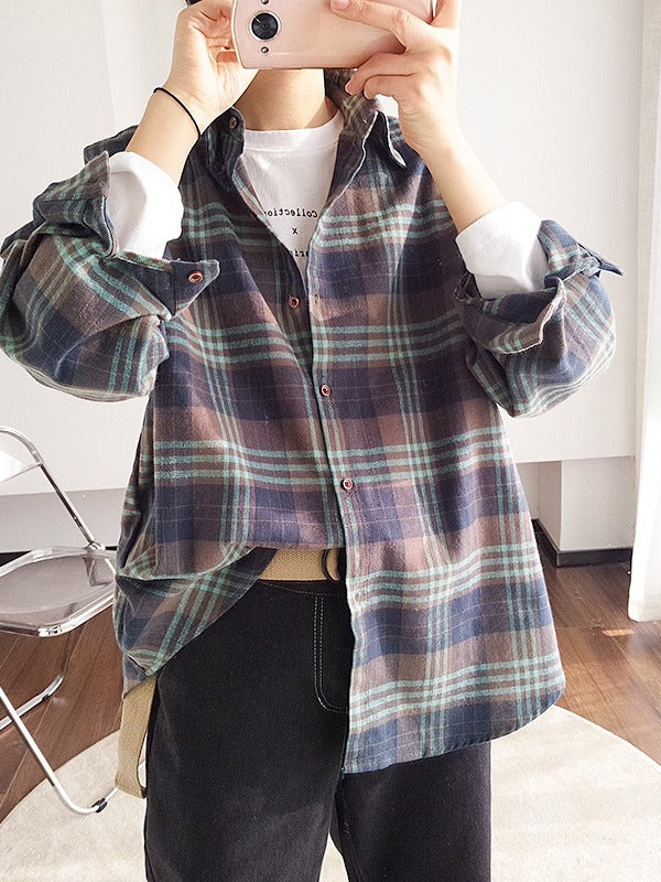 Loose Casual Plaid Cropped Lapel Shirt