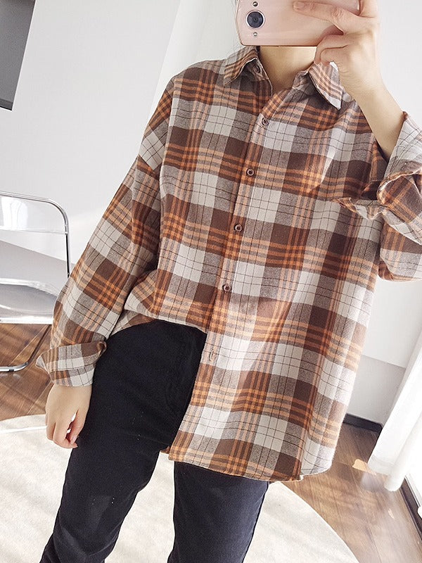 Loose Casual Plaid Cropped Lapel Shirt