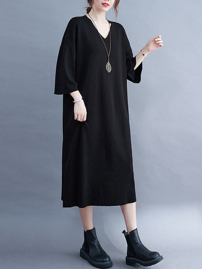 Urban Solid Color V-Neck Split-Side Knitting H-Line Sweater Dress