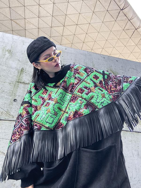 Loose Spliced Tasseled Sequined A-Line Dress