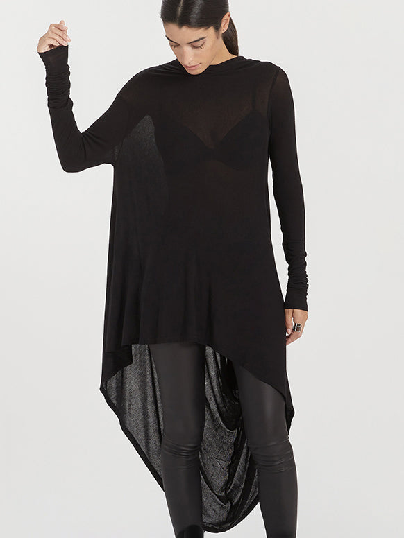 Casual Simple Loose Solid Color Irregular Clipping High-Low Round-Neck Long Sleeves T-Shirt Tops