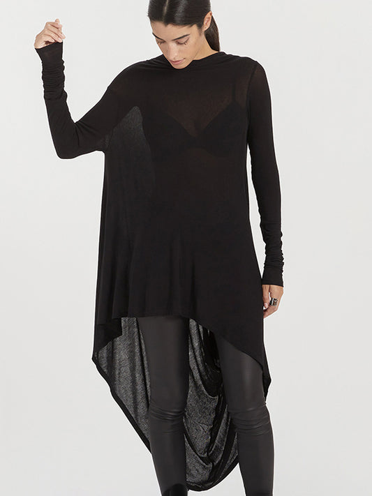 Casual Simple Loose Solid Color Irregular Clipping High-Low Round-Neck Long Sleeves T-Shirt Tops