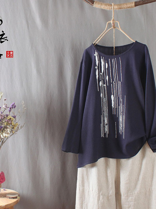 Vintage Loose Embroidered Long-Sleeve T-Shirt