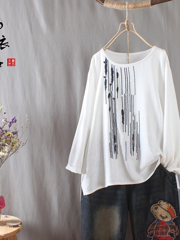 Vintage Loose Embroidered Long-Sleeve T-Shirt