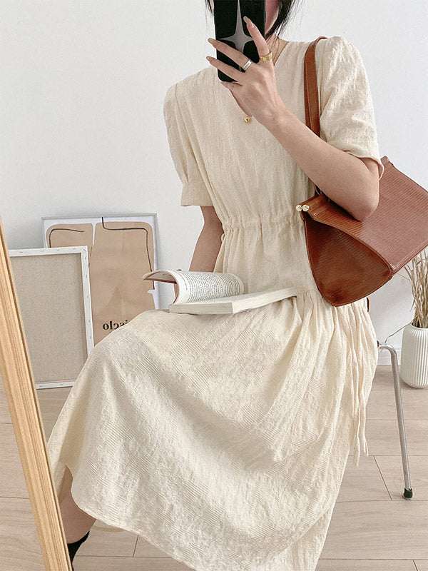 Urban Solid Color V-Neck Drawstring Short Sleeves Midi Dress