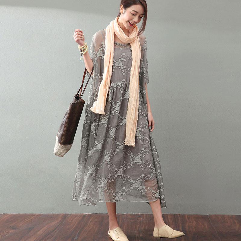 Lacing Women Silk Loose Casual Gray Green Dress