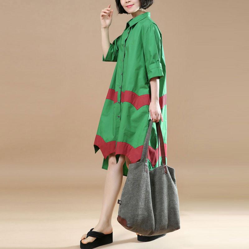 Women Vintage Casual Splicing Summer Irregular Green Shirt Dress