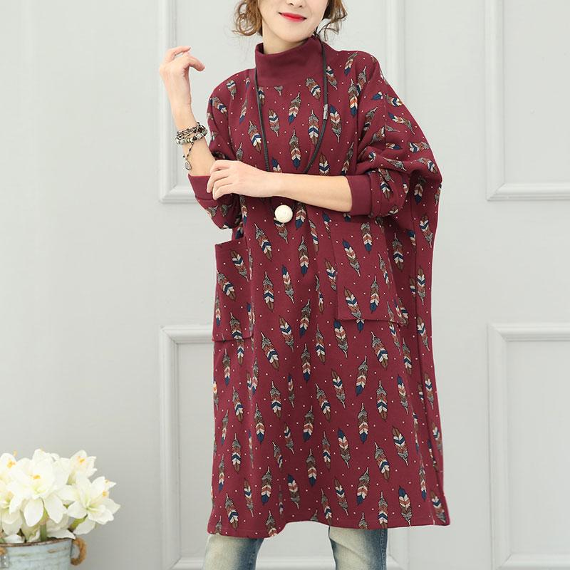 Literature Turtle Leaf Printing Neck Long Sleeves Big Pockets Red Women Dress
