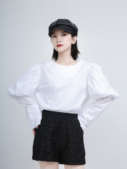 White Puff Sleeve Round Neck Shirt