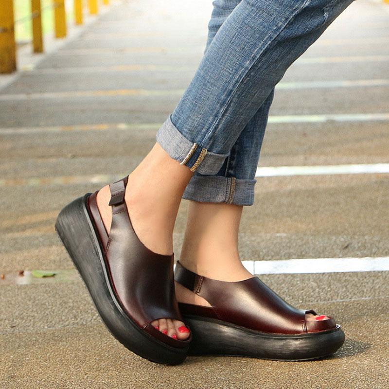 Summer Casual Cow Leather Shoes Coffee Wedge Heel Sandals