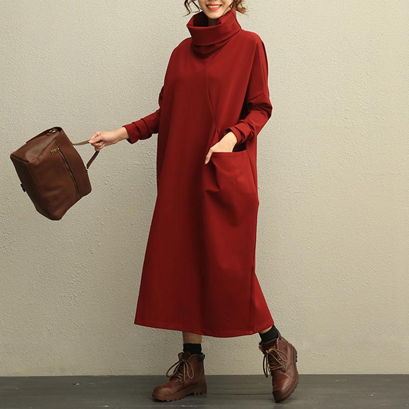 Literature Turtle Neck Long Sleeves Cotton Spandex Red Women Dress