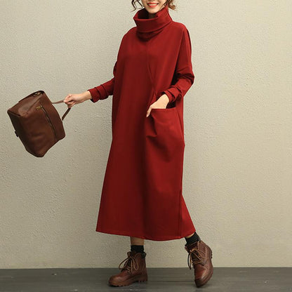 Literature Turtle Neck Long Sleeves Cotton Spandex Red Women Dress